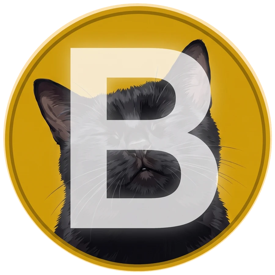 The BlackCate coin: a black and white cat with closed eyes on a gold coin